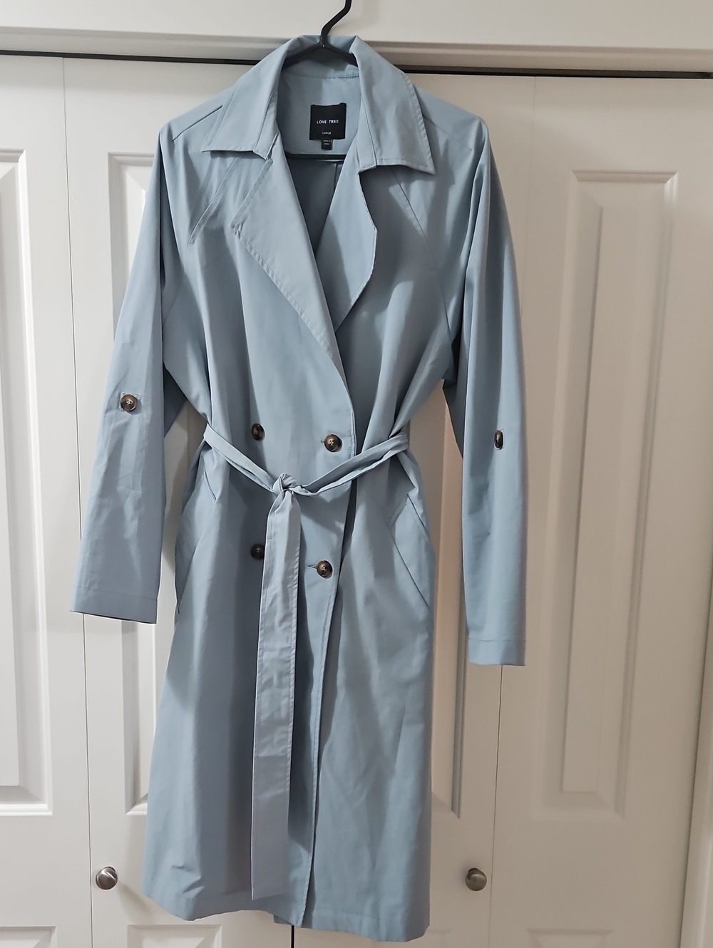 Love Tree Pale Blue Double-Breasted Trench with Tie Belt